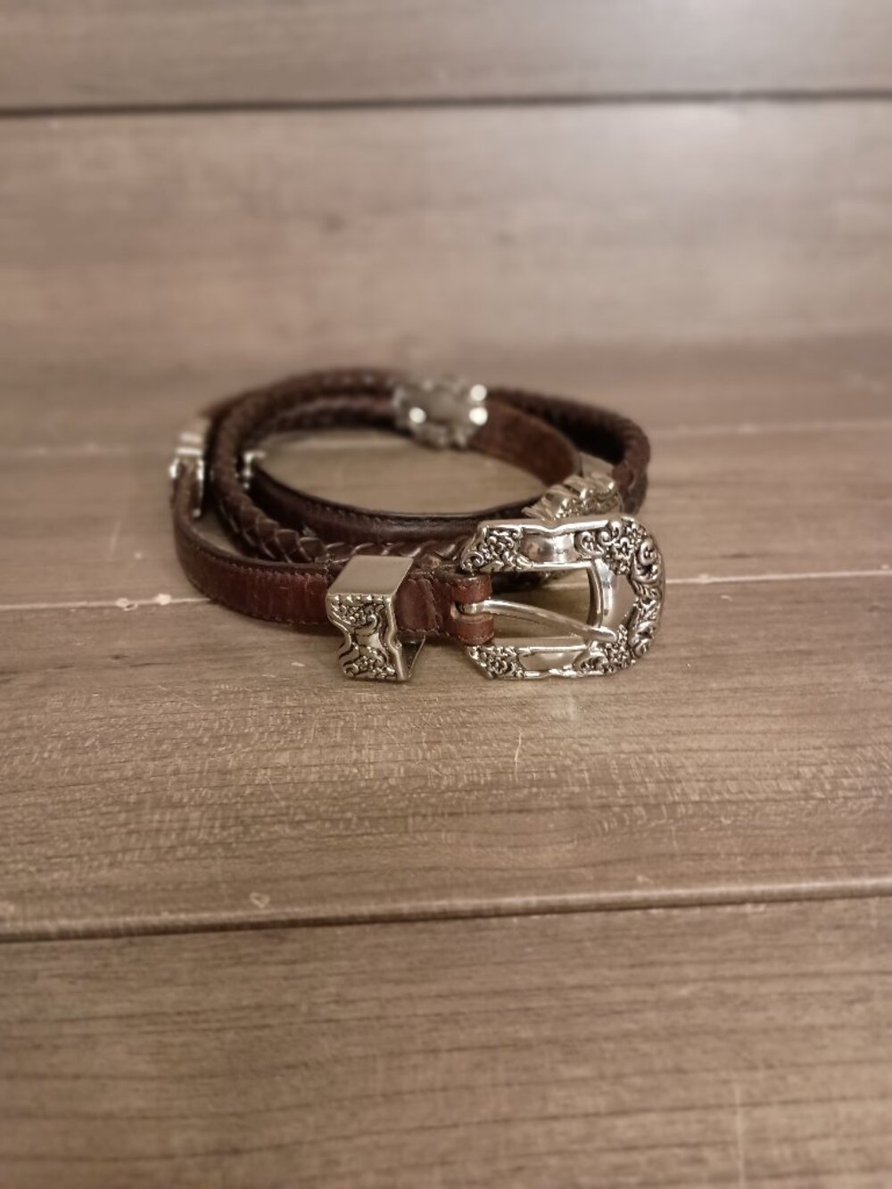 J.G. Hook Women Brown Leather Weave Woven Belt Silver Tone Buckle Scroll Size XL